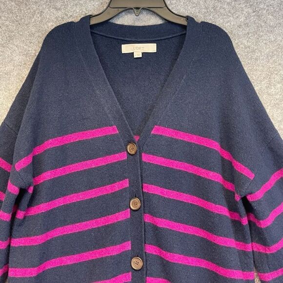 LOFT Long Cardigan Sweater Dress Women's Large Pink Navy Striped Knit Button Up - Picture 4 of 16